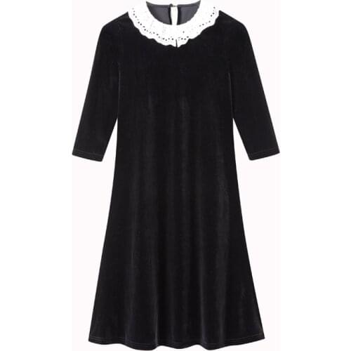 4 to 14 yrs girl velour maxi long dress child girls fall winter black lace collar dress floor foot length ruffle velvet dress