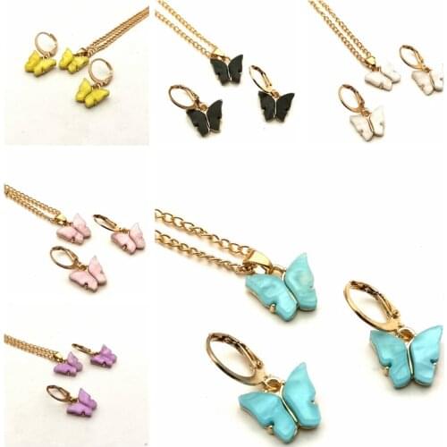 Sweet Butterfly Necklace Earring Set Cute Style Five-color Pendant Small Ear Hoops Valentines Day Gift for Men Women Christmas