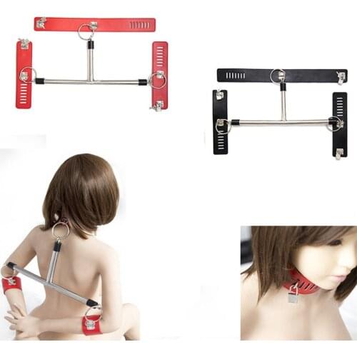 Model-T PU Leather Collar-Wrist Cuff Posture Slave Restraint Shackle Pillory Torture Bondage Stainless Steel Spreader Bar Strap
