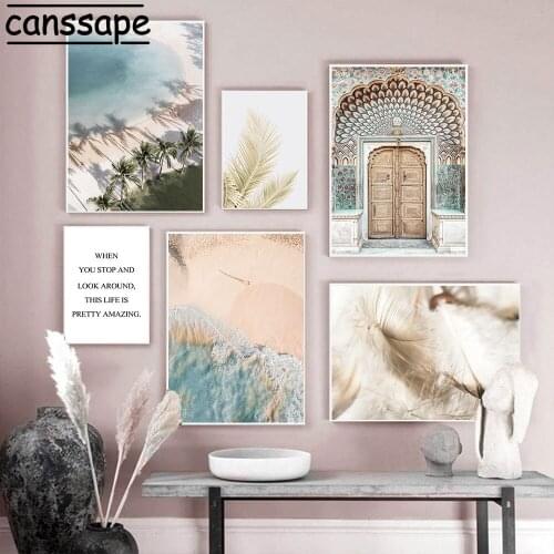 Scandinavian Poster Beach Landscape Painting Feather Canvas Print Old Door Picture Nordic Posters And Prints Living Room Decor