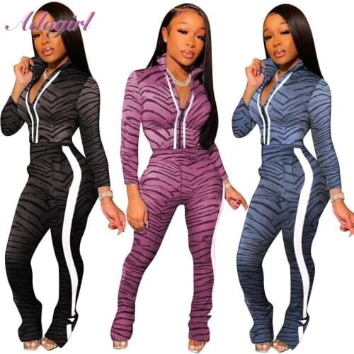 Casual Autumn Sport Women Sets Two Pieces Set Long SLeeve Zebra-Stripe Print Zipper Up Tops Jacket Pants Suit Outfit Tracksuit