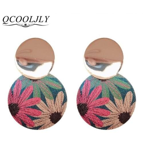 QCOOLJLY 2019 New Vintage Flower Round Wafer Statement Geometric Earrings For Women Fashion Jewelry Dangle Drop Earings Brincos