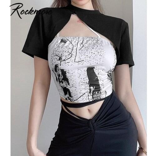 Rockmore Streetwear Sexy Hollow Out T Shirt and Print Cami Crop Top Womens 2 Piece Suit Harajuku Short Sleeve Slim Basic Tees