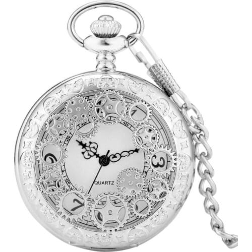 Luxury Silver Gear Hollow Quartz Pocket Watch Chain Fob Watch Arabic Numerals Display Watches Antique Clock Gifts for Men Women