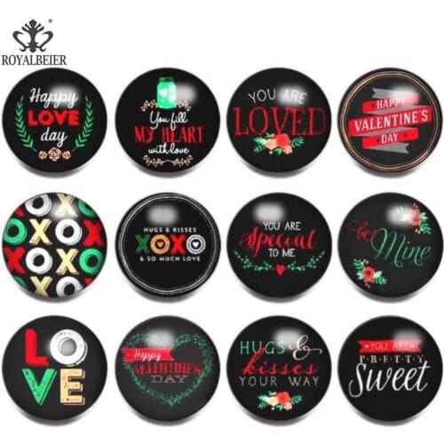 Royalbeier 12pcs/lot Mixed Love Themes Snap Button Charms Fit 18mm Snaps Bracelet Necklace Glass Beads For Jewelry Making New