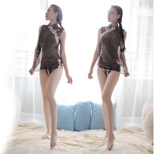 Sentiment underwear classical embroidery cheongsam open file underwear perspective outfit sexy belly pocket shows milk