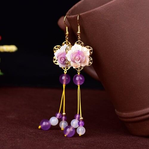 Jade Flowers Drop Earrings Chalcedony Agate Amulet Fashion Natural Charm Jewelry Gifts for Women Her Purple
