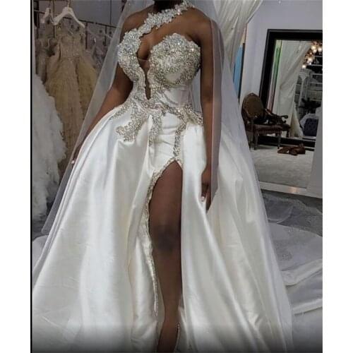 Crystals High Split Wedding Dresses One Shoulder Bridal Gowns Sexy Satin Sweep Train Custom Made Robe de mariée