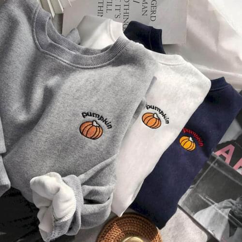 Sweatshirt Spring autumn Korean preppy small pumpkin embroidery O-neck shirt men women plus velvet thickening outer loose tops
