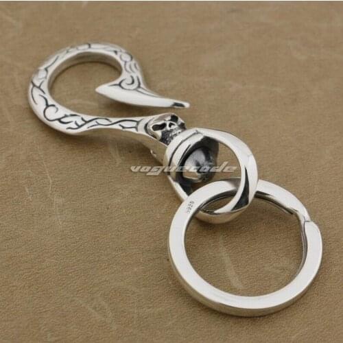 Solid 925 Sterling Silver Skull Hook Keychain Belt Clip 8J016
