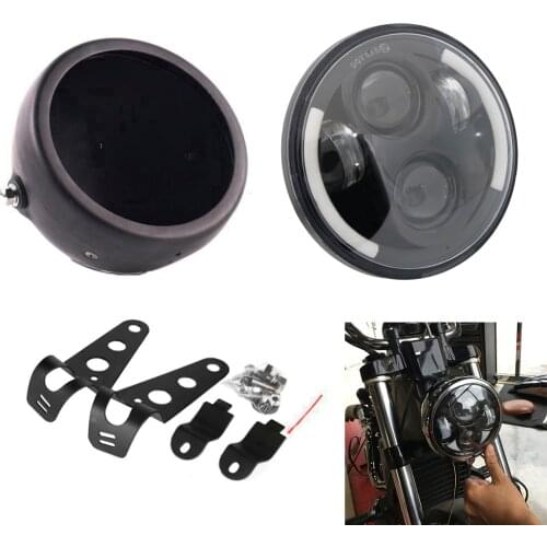 Universal Black 5.75 Inch Motorcycle Metal Projector DRL LED Front Headlight With Angel Eye + 5 3/4" Headlight Bracket