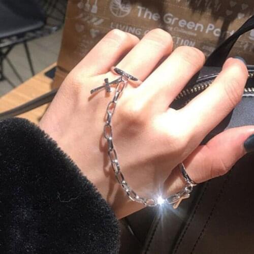 Punk Hip Hop Chain Finger Knuckle Ring Unique Ladies Metal Silver Color Cross Rings for Women Girls Party Club Jewelry