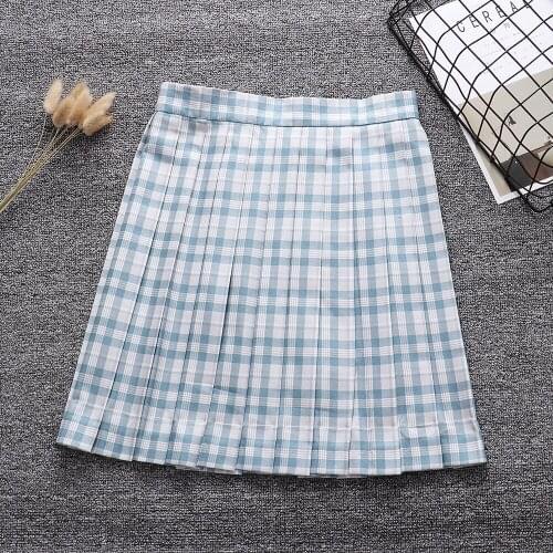 Candy Sky blue color geometric lattice Pleated skirt + Bow + Tie (Adjust waist. Pocket)