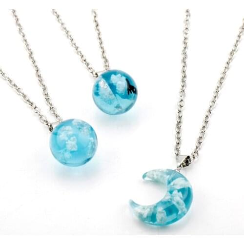 New Simple Personality Fashion Blue Sky White Cloud Bird Moon Resin Pendant Necklaces sweater Chain Summer Necklaces For Women