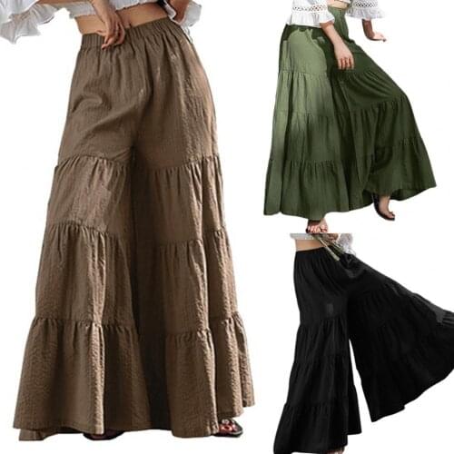 Women Casual Ruffle Loose Pants 2021 New Vintage Plus Size Solid Folds Wide Leg Pants Bell Bottom Beach Summmer Plus Size Pants