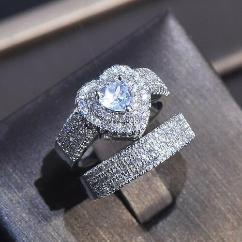 Luxury love heart zircon diamonds gemstones rings sets for women white gold silver color jewelry bijoux wedding band party gifts