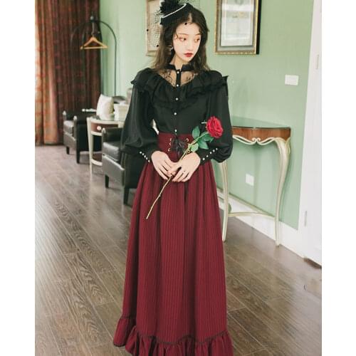 Autumn Winter Two Piece Outfits Black Long Sleeve Blouse Top and Striped Skirt and Top Set Suit Long Sleeve Shirt female set