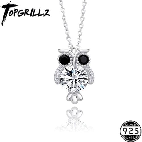 TOPGRILLZ Hip Hop Women Pendant 925 Sterling Silver Glittering Owl Pendant Ice Crystal Zircon Necklace Fashion Charm