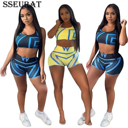 SSEURAT Women Sport Fitness 2pcs Set 2021 New Summer Casual Print Bodycon Woman Outfits Crop Top Shorts Clothing Suits