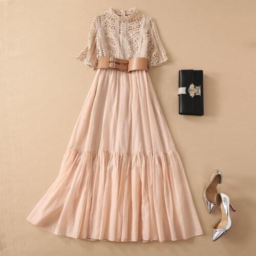 High Quality New Vogue Nice Celebrity Summer WomenElegant Water Soluble Lace Patchwork Belt Ruffles Beige Guipure Long Dress