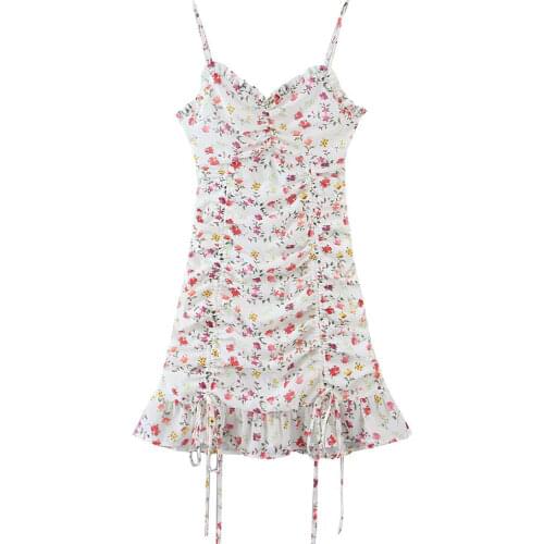 YENKYE Sweet Ruffle Floral Print Dress Women Front Drawstring Draped Bodycon Mini Sexy Dress Holiday Summer Sling Chiffon Robe