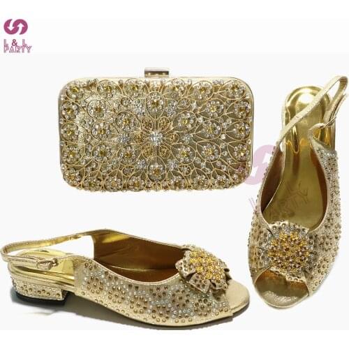 2021 Casual Style Italian Women Shoes Matching Bag in Golden Color Pretty Peep Toe Sandals with Shinning Crystal for Party