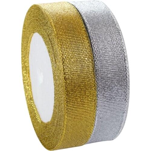 25Yards 2.5cm Silver Gold Glitter Ribbon Gift Wrapping Christmas New Year DIY Craft Material Party Home Wedding Invitation
