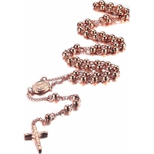 4/6/8mm Shining Rose Gold Filled Stainless Steel Bless Rosary Beads Link Trendy Sweater Chain Rosarios Catholic Womens Necklace