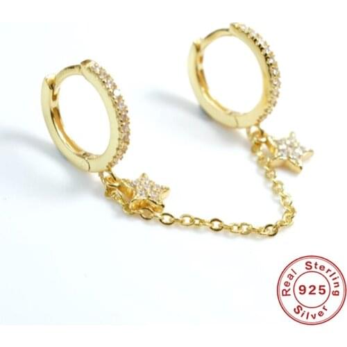 Aide 925 Sterling Silver 9mm Ear Cuff Hoop Earring Hand Locker Safety Chain With Zircon CZ Crystal Star Pendant Fine Jewelry