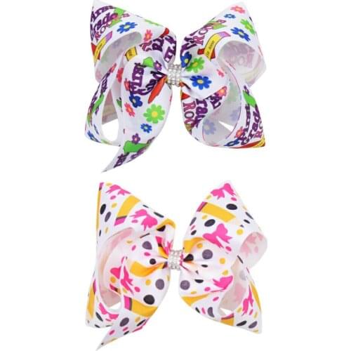 CN 7" BACK TO SCHOOL Hair Bows With Clip For Girls Large Pencil Print Ribbon Rhinestone Hair Clips Children Hair Accessories