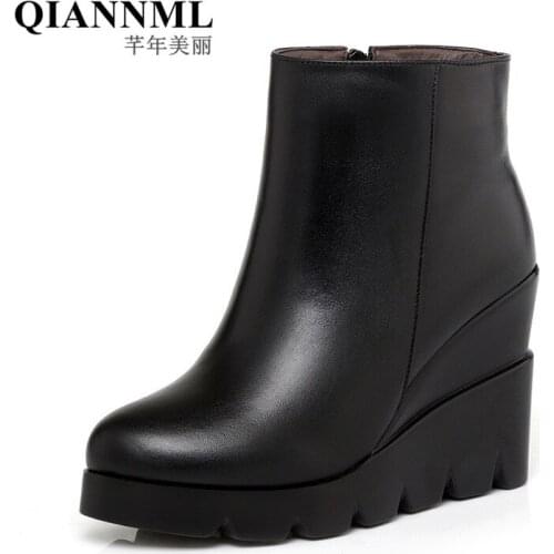 Black Wedges Boots Women Shoes Winter 2021 Creepers Platform Boots Ladies High Heel Ankle Boots Quality Leather Booties