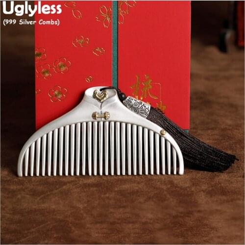 Uglyless Real 999 Pure Silver Hair Combs for Women Collar Designer Gift Packing Hair Jewelry Eastern Ethnic Full Silver Combs