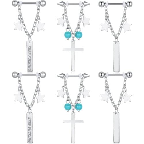 Nipple Ring 14G Surgical Steel Nipplerings Barbell Bar CZ Star Opal Chain Dangle Nipple Piercing Jewelry