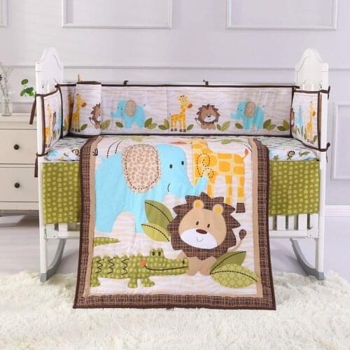 7PCS Lion Embroidered kit berço Crib Bedding Set Baby Room Decoration Quilt Bumper Skirt(4bumper+duvet+bed cover+bed skirt)