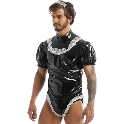 Leather Bodysuit Mens Nightwear Puff Sleeve Leotard Bodysuit Gay Mens Maid Sissy Cosplay Costumes Crossdress Lingerie Wetlook