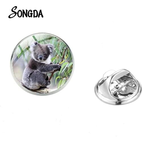 Cute Koala Climbing Tree Photo Brooch Pins Animal Art Print Glass Dome Stainless Steel Badge Children Clothes Accessories