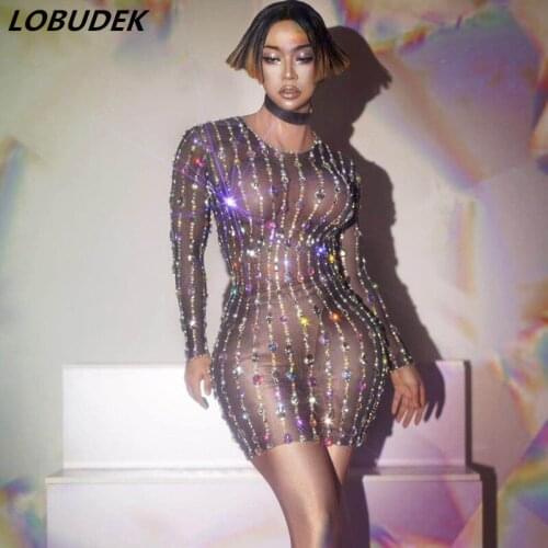 Fashion Colorful Rhinestones Pearls Mesh Dress Lady Birthday Celebrate Prom Stretch Dress Transparent Evening Sexy Short Dresses