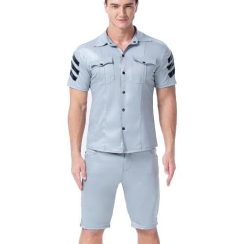 Male PU Leather Shirt top Sliver PVC Latex Bodysuits Men Sexy Uniform Costume buttons up Shirt Clubwear Game Uniforms