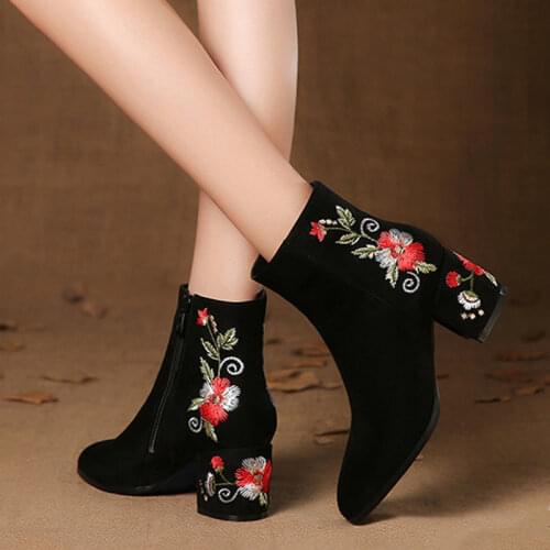 Autumn winter new frosted short boots coarse heel cashmere womens shoes national wind soft-soled embroidery heel cotton