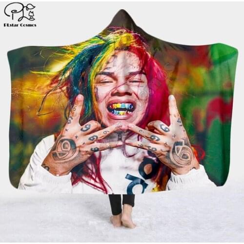 SInger 6IX9INE 3d printed Hooded Blanket Adult child Sherpa Fleece Wearable Blanket Halloween Style-4