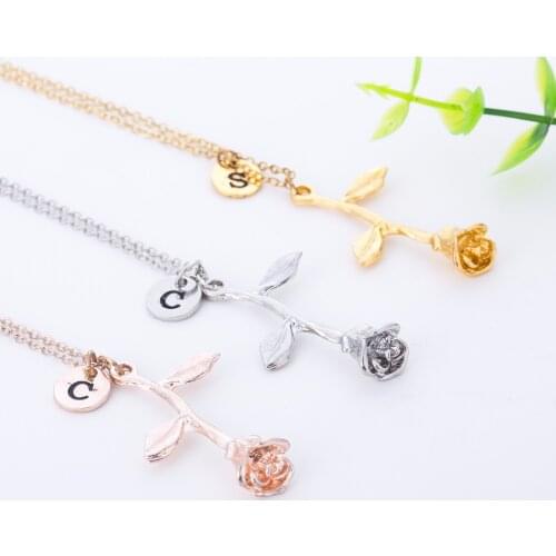 Alphabet Disc Letters Initial Name Chain Necklace Beauty and the Beast Rose Flower Catrina Initial Necklace Love Gift