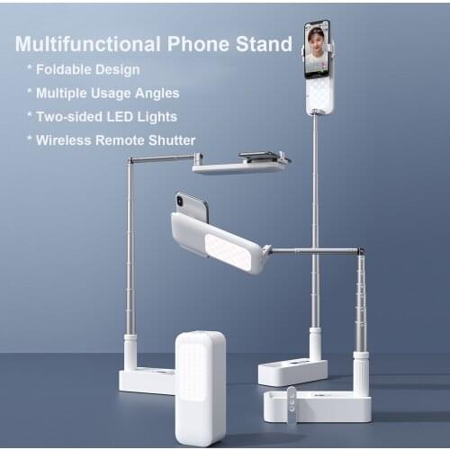 Portable Foldable Desktop Smartphone Stand Phone Bracket 130cm Max. Height with 360° Rotatable Phone Holder LED Fill-in Lights