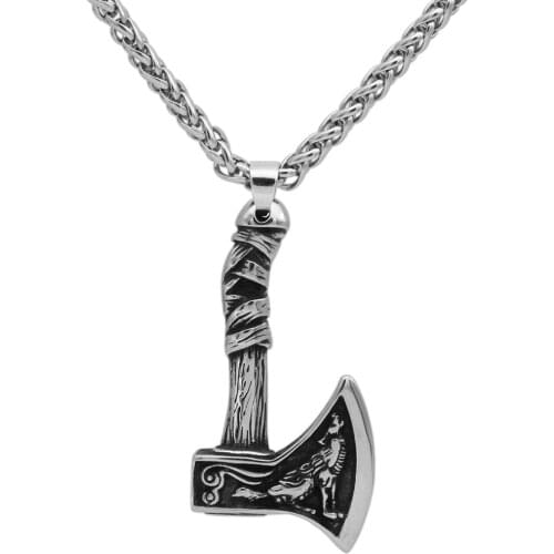 Viking Stainless steel Axe Raven Wolf Necklace Norse Jewelry with valknut gift bag