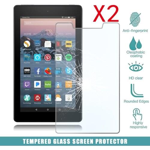 2Pcs Tablet Tempered Glass Screen Protector Cover for Amazon Fire 7 (7th Gen 2017) Alexa Full Coverage Anti-Scratch Screen