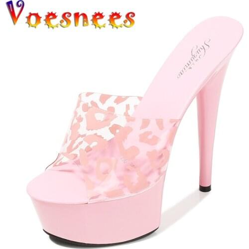 Voesnees NEW Slippers Women Shoes Summer Black Thin Heels 15 cm Leopard Fishmouth Platform Nightclub Fun Shoes Outside Slides