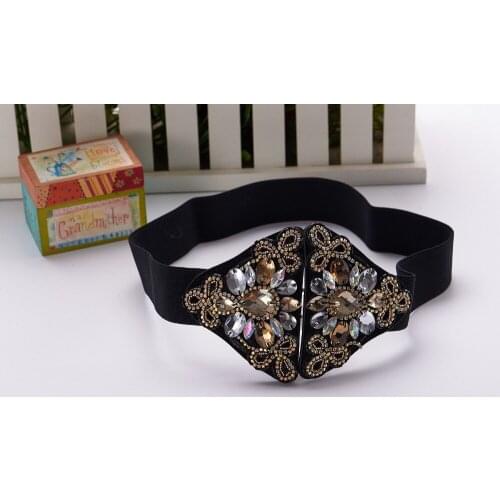 Ethnic Style Floral Rhinestone Belts Women Big Crystal Gem Elastic PIn Buckle Waist Belt Fashion Ladies Summer Dress Accessories