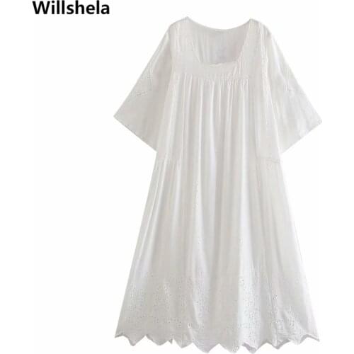 2021 Women Vintage Cotton Embroidery Maxi Dress Half Sleeves Square Neck Hollow Out Elegant Chic Lady Dresses Woman Robe