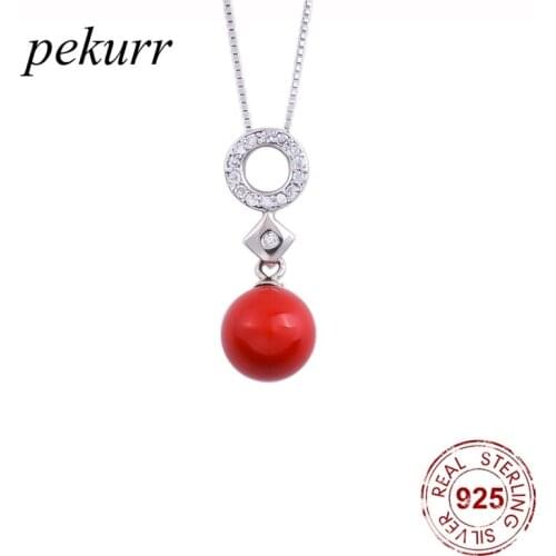 Pekurr 925 Sterling Silver Round Hoop Zircon Square Shell Pearl Necklaces For Women Red Pearl Pendants Party Fashion Jewelry