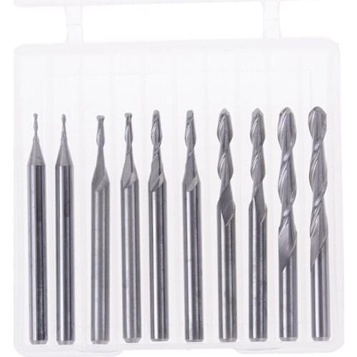 10pcs End Milling Cutter Set Shank Carbide Ball Nose 1mm-3.175mm 2 Flutes 1/8 Inch CNC Cutting Tool For Wood Working
