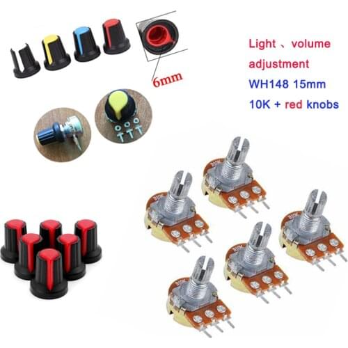 5pcs/lot Rotary-Potentiometer WH148 3pin Linear Taper Resistor B10K + knob cap Red/yellow/blue/white/orange /metal